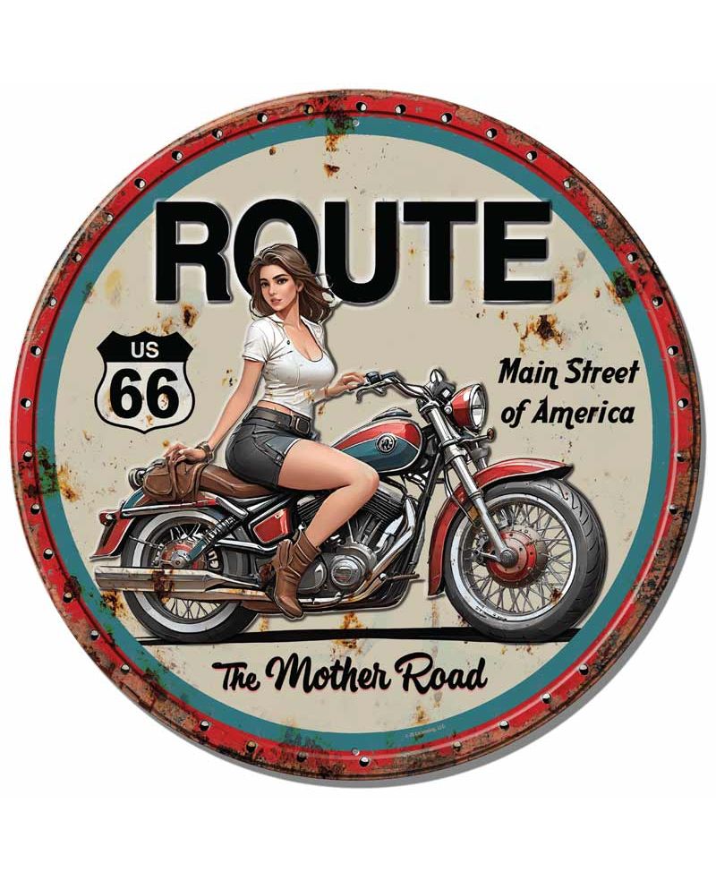 Tablica metalowa The Mother Road Lady Biker 30 cm