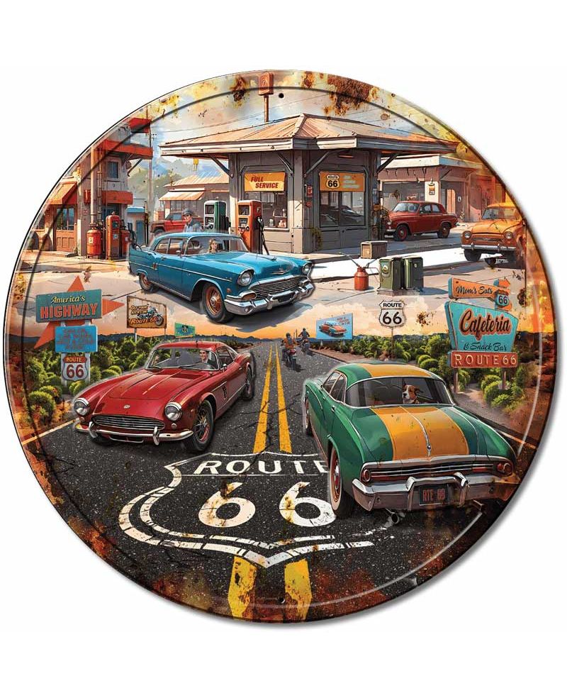 Plechová cedule Route 66 Gas round 30 cm