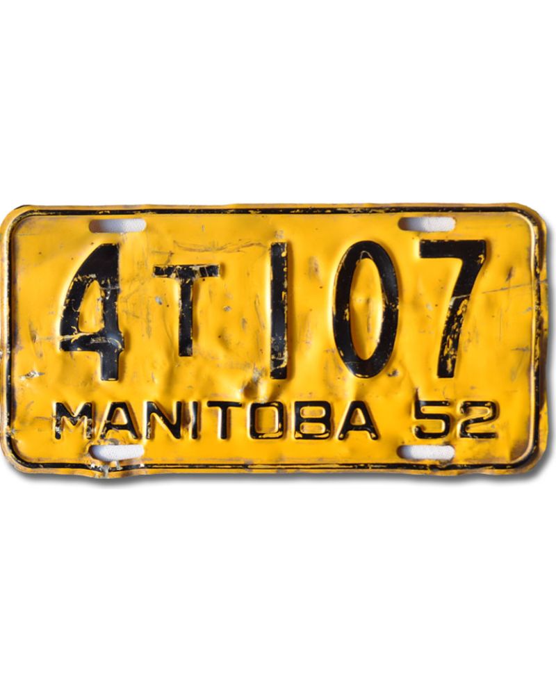Kanadyjska tablica rejestracyjna Manitoba 1952 Yellow 4T107