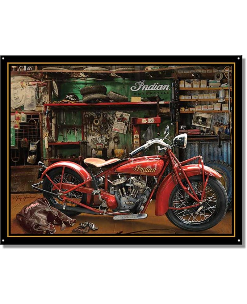 Plechová cedule Indian Scout in Garage 40 cm x 32 cm