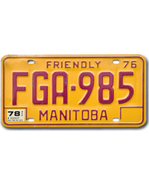 Kanadyjska tablica rejestracyjna Manitoba 1976 Friendly FGA-985