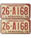 Tablica rejestracyjna USA Nebraska 1972 Cornhusker 26-A168 para